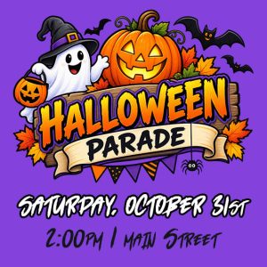 Halloween parade poster featuring a jack-o'-lantern, ghost, bats, and autumn leaves with a bold 'Halloween Parade' banner against a purple background, plus date and location details.