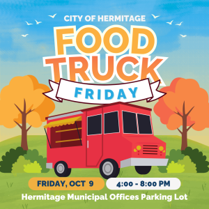 Event flyer for Hermitage Food Truck Friday: a red food truck on a green lawn with a blue sky, date and time (Fri, Oct 9, 4:00–8:00 PM) and location at Hermitage Municipal Offices Parking Lot.