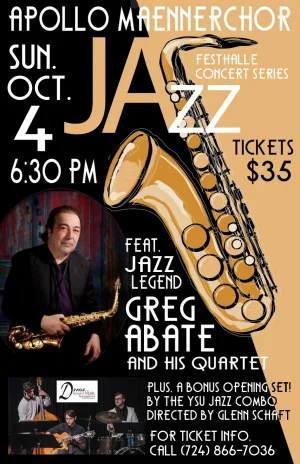 Jazz concert poster announcing Apollo Maennerchor Jazz Festival, featuring Greg Abate and his Quartet; date Oct 4, 6:30 PM, tickets $35, saxophone artwork and artist photos present.