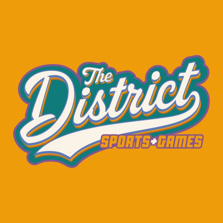 Orange poster with a large retro script logo reading 'The District' along the bottom edge; 'SPORTS + GAMES' is visible at the bottom.