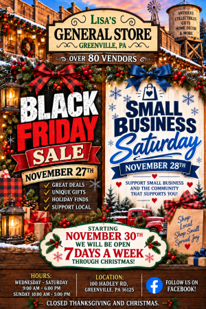 Festive storefront with Black Friday and Small Business Saturday signs, garlands, lights, and holiday decorations outside a general store.