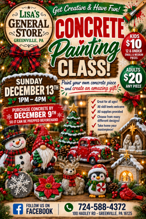 Holiday poster for Lisa's General Store advertising a concrete painting class with date and pricing details.