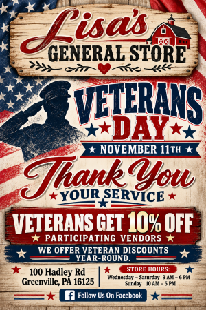 Patriotic poster for Lisa's General Store: a saluting soldier silhouette over a distressed American flag, with bold 'VETERANS DAY' and 'Thank You' messages, and a red banner offering 10% off at participating vendors, plus store hours and address at the bottom.