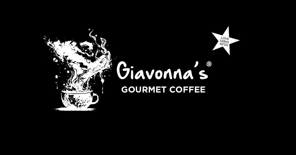 Giavonna's Gourmet Coffee logo on a black background with a white splash forming a cup and bold text.